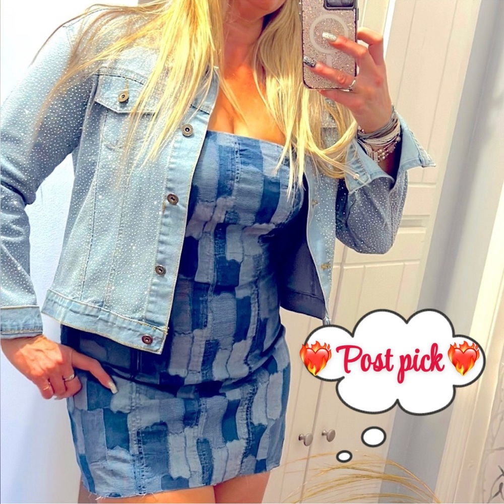 Denim Bodycon Tube Dress, Indigo Patchwork, HOT Hot item Size XS, XXS